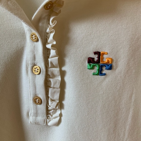 TORY BURCH RUFFLE TRIM POLO WHITE COTTON SHIRT - Picture 2 of 10